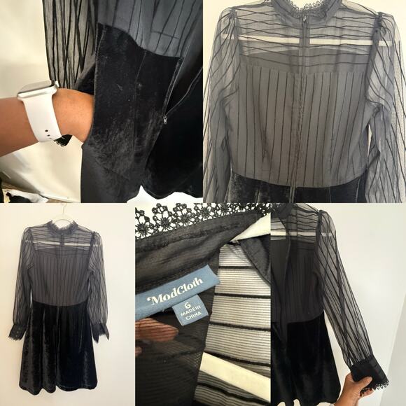 Black Velvet Mesh High Neck Dress | City Girl Goth Evening Vibes - Picture 4 of 13